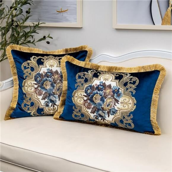 Navy Blue Velvet Floral Throw Pillow Cover 18x18 Embroidered Decorative Cushion - Picture 4 of 8